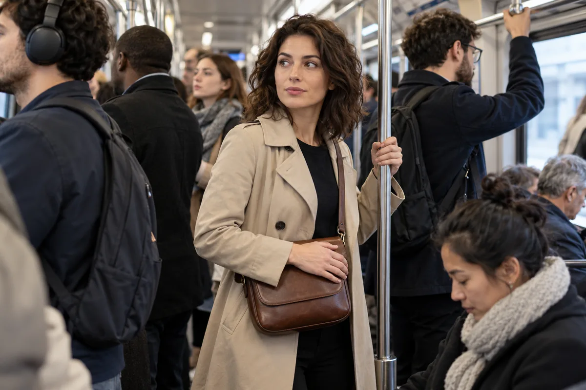 Voyageuse gardant son sac fermé devant elle dans le métro
