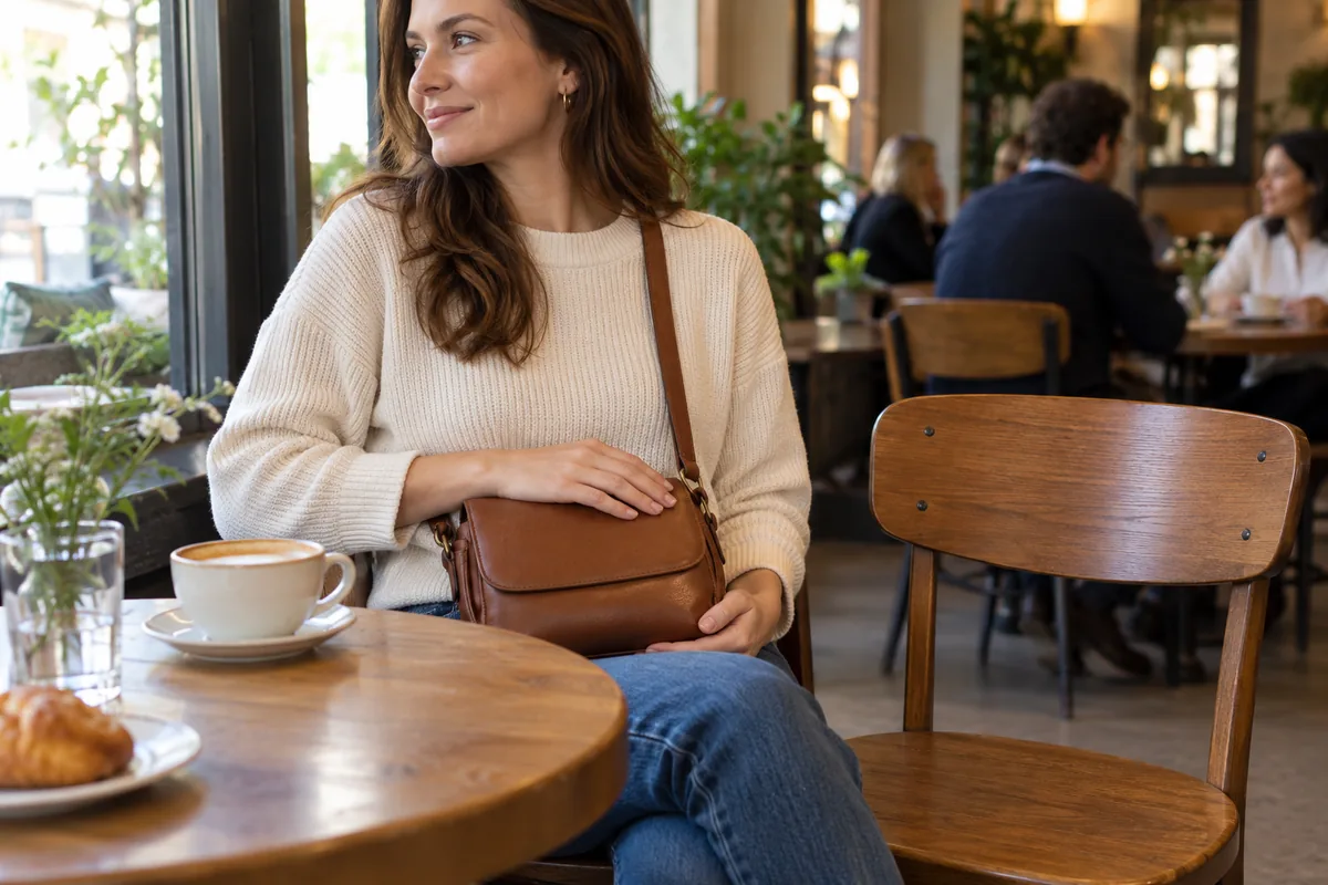 Sac fermé gardé sur les genoux dans un café
