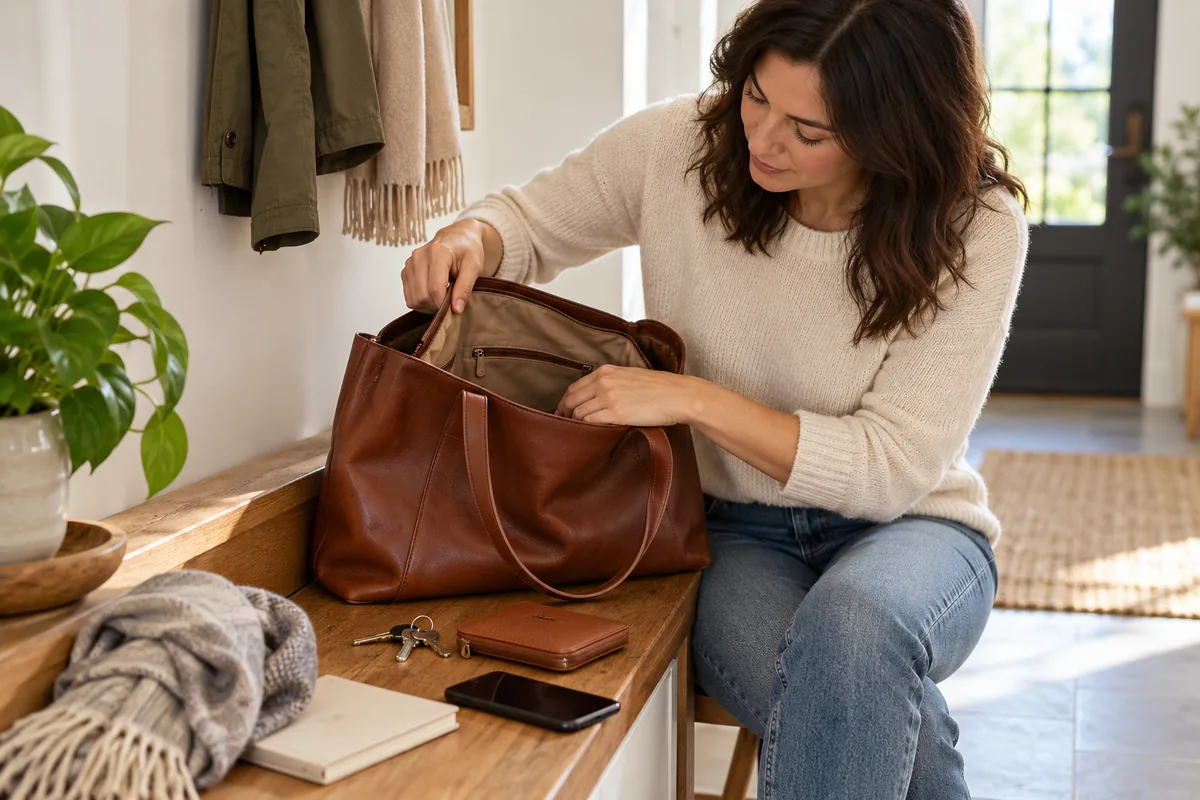 Personne vidant un sac en cuir sur une table propre