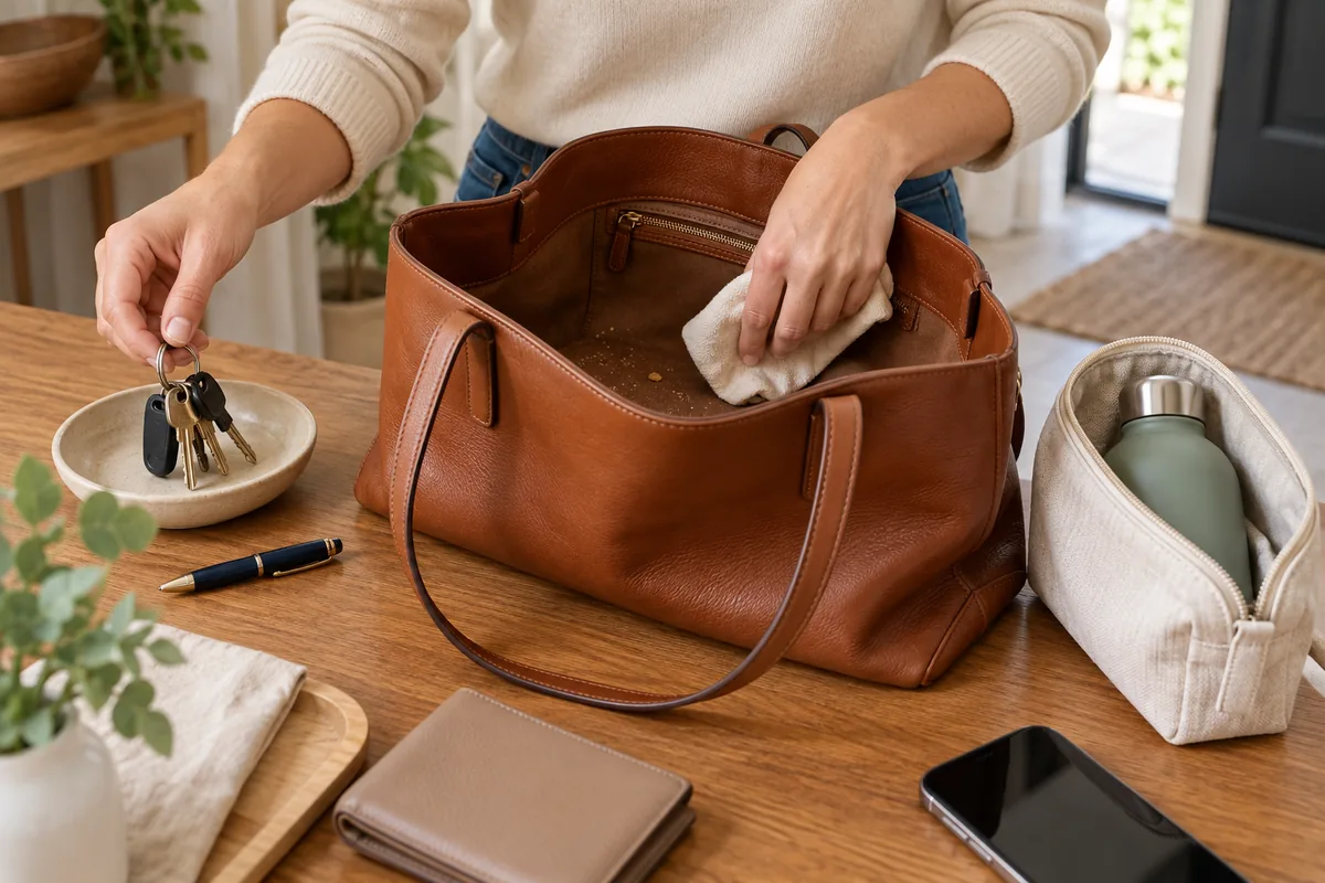 Sac en cuir vidé et dépoussiéré avec objets à risque séparés