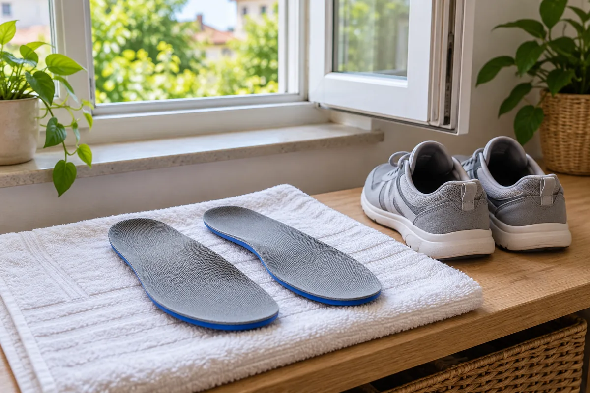 Semelles intérieures séchant à plat dans un endroit ventilé