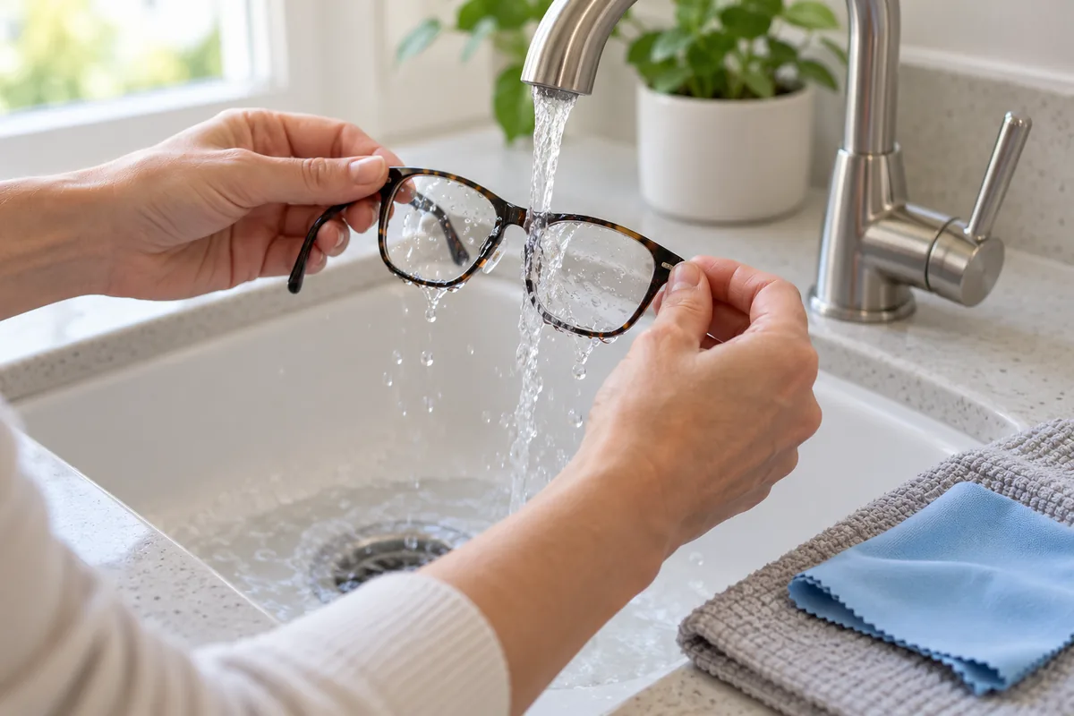 Lunettes rincées à l'eau tiède avant séchage à la microfibre