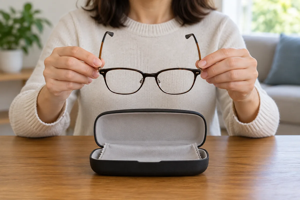 Lunettes manipulées à deux mains devant un étui rigide ouvert