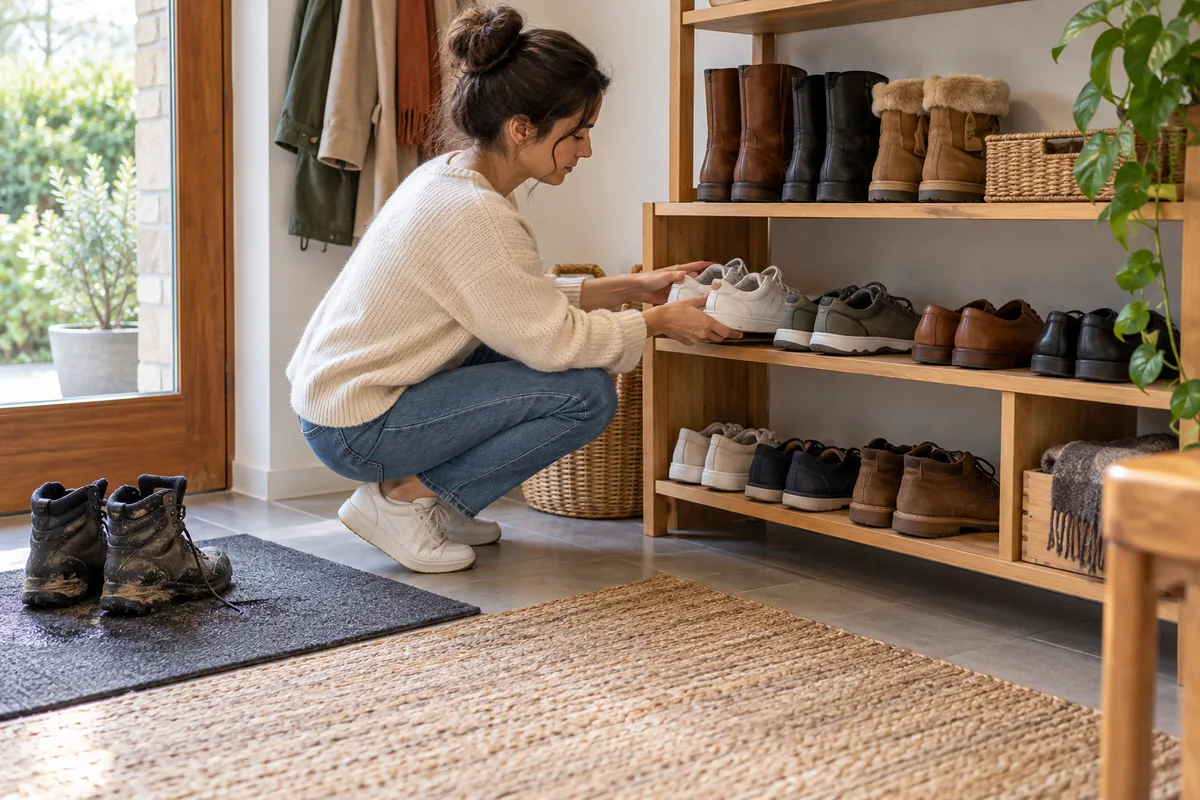 Personne rangeant ses chaussures sur des étagères stables