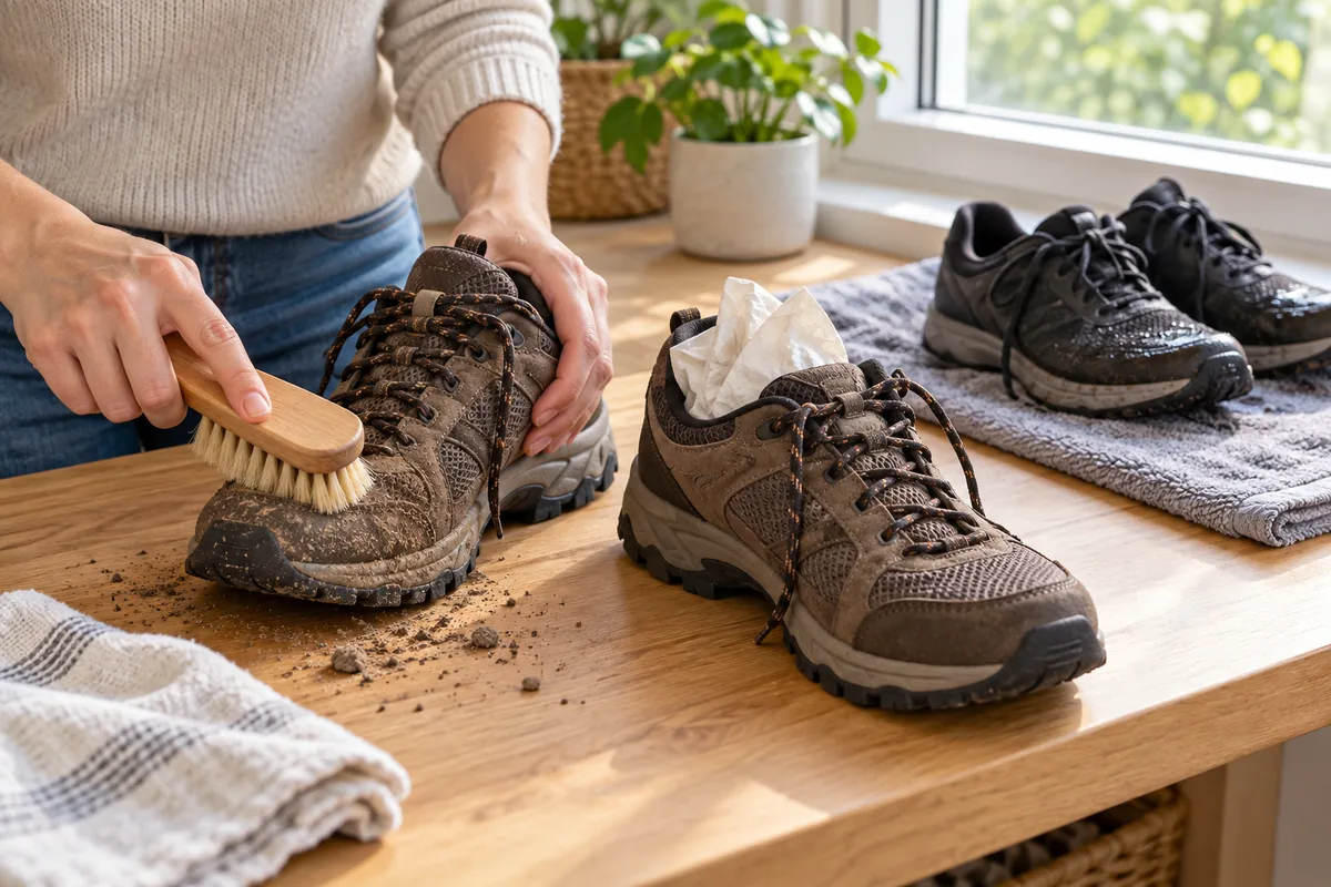 Chaussures préparées avant rangement avec brosse douce et papier propre