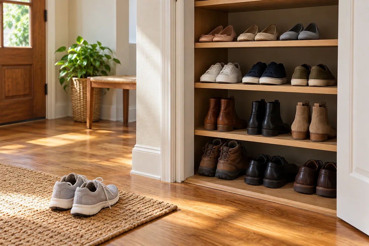 Chaussures réparties sans pile instable sur plusieurs étagères