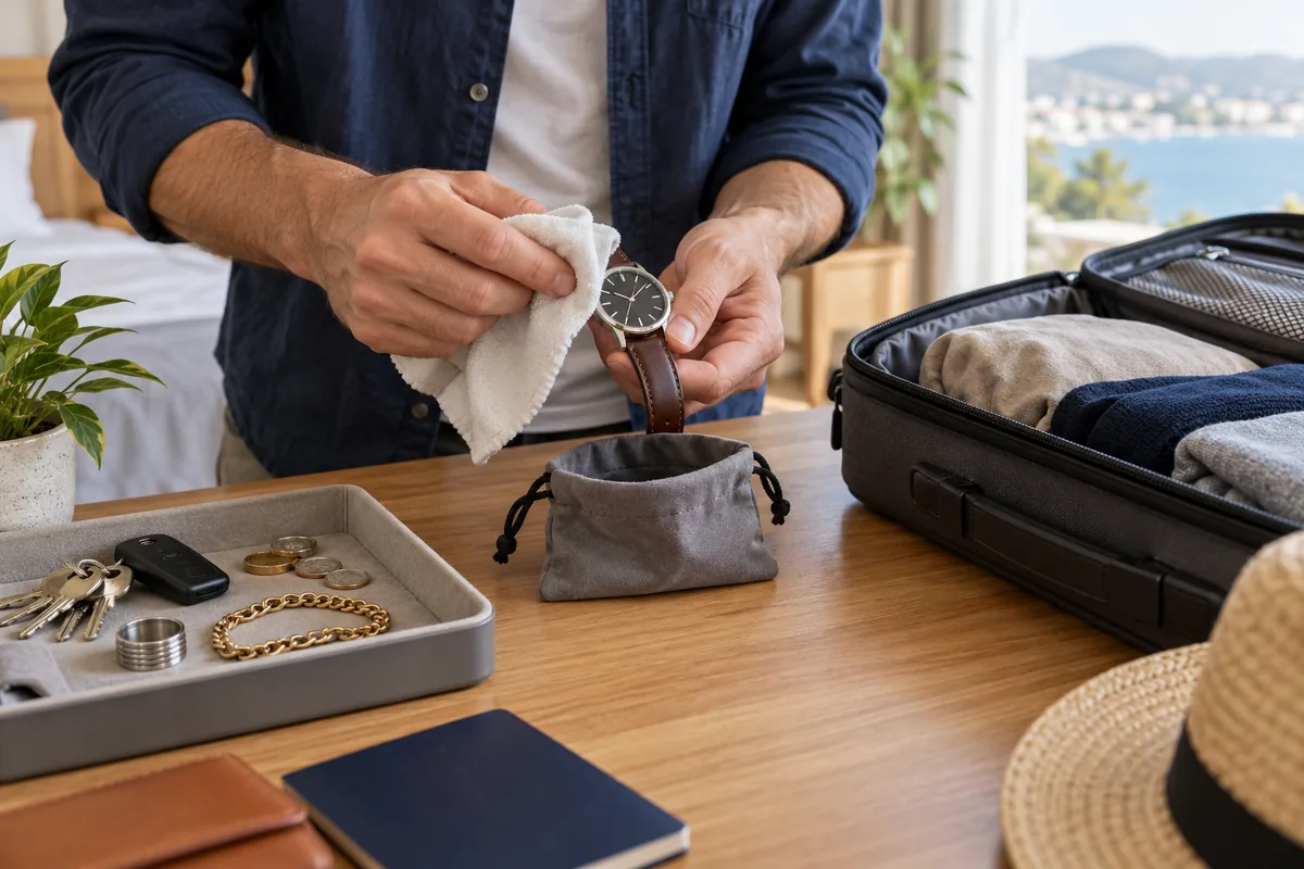 Voyageur préparant une montre dans une pochette séparée