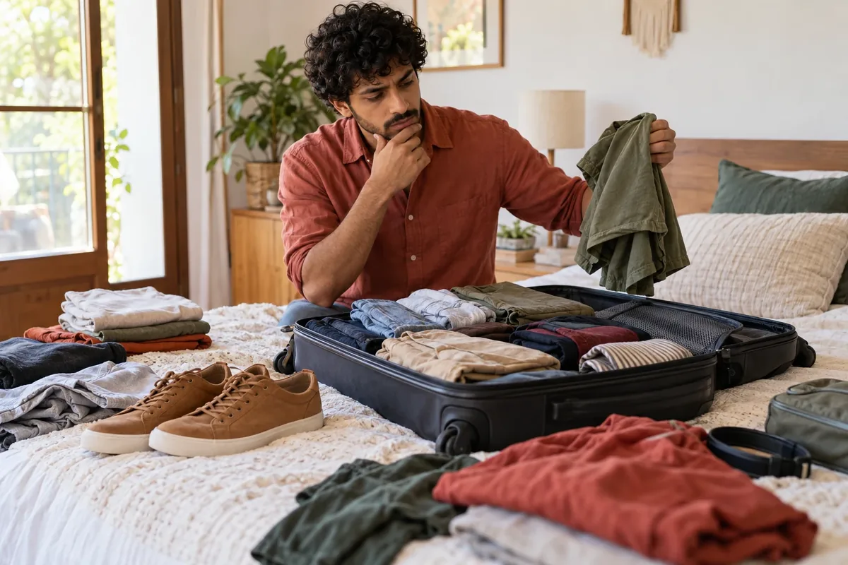 Un voyageur prépare une valise ouverte sur son lit.