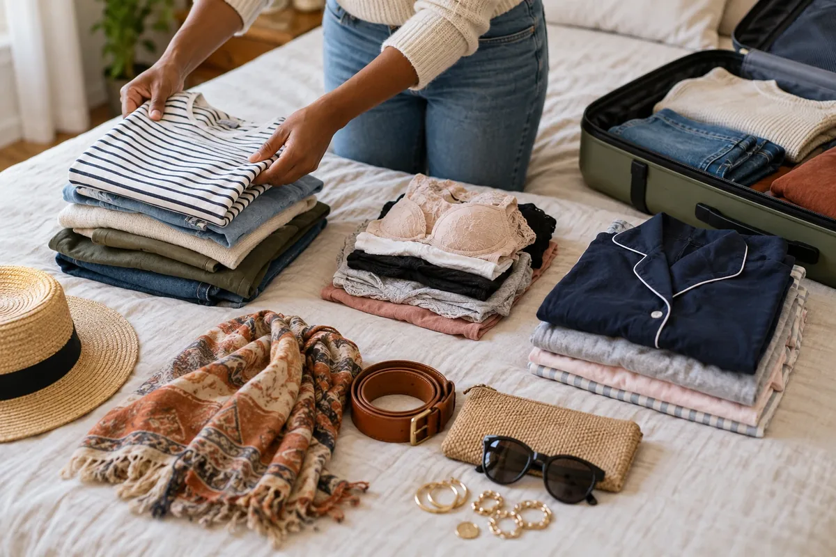 Des vêtements sont triés par usage avant d'être rangés dans une valise.