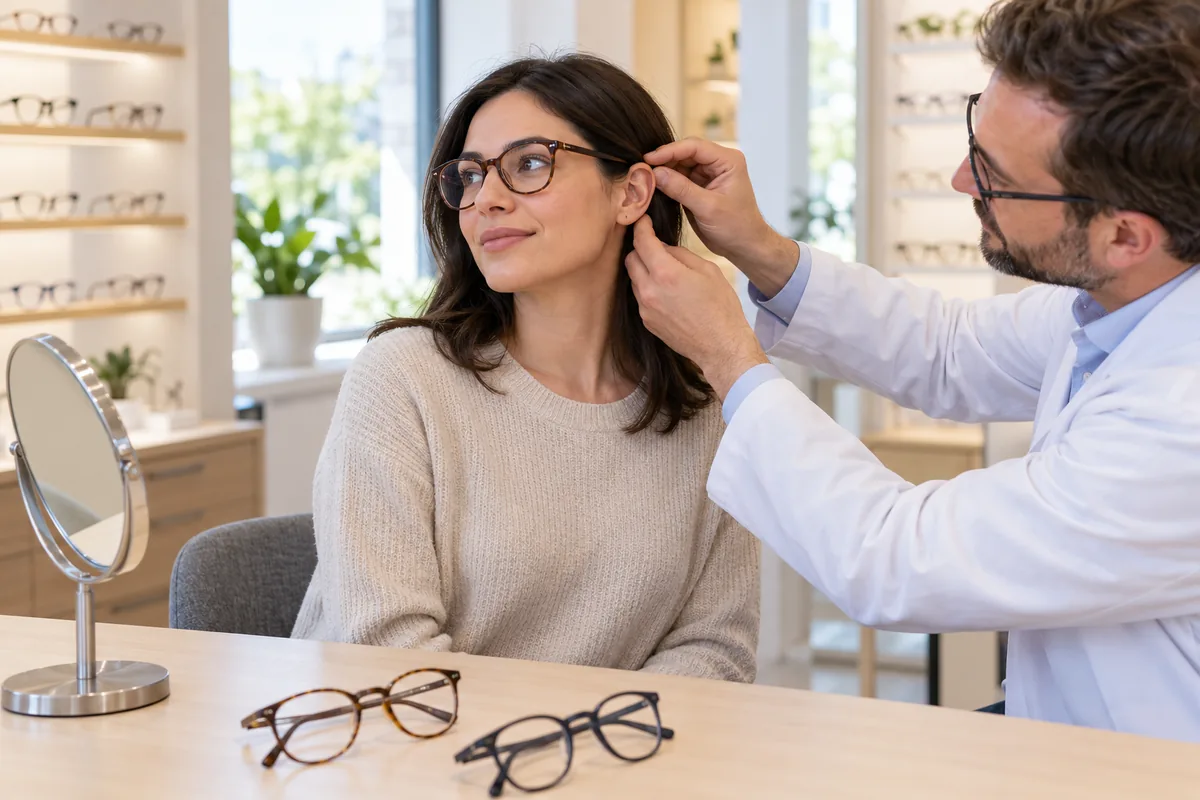 Opticien ajustant la branche d'une monture derrière l'oreille d'une cliente assise, miroir et autres montures posés sur la table