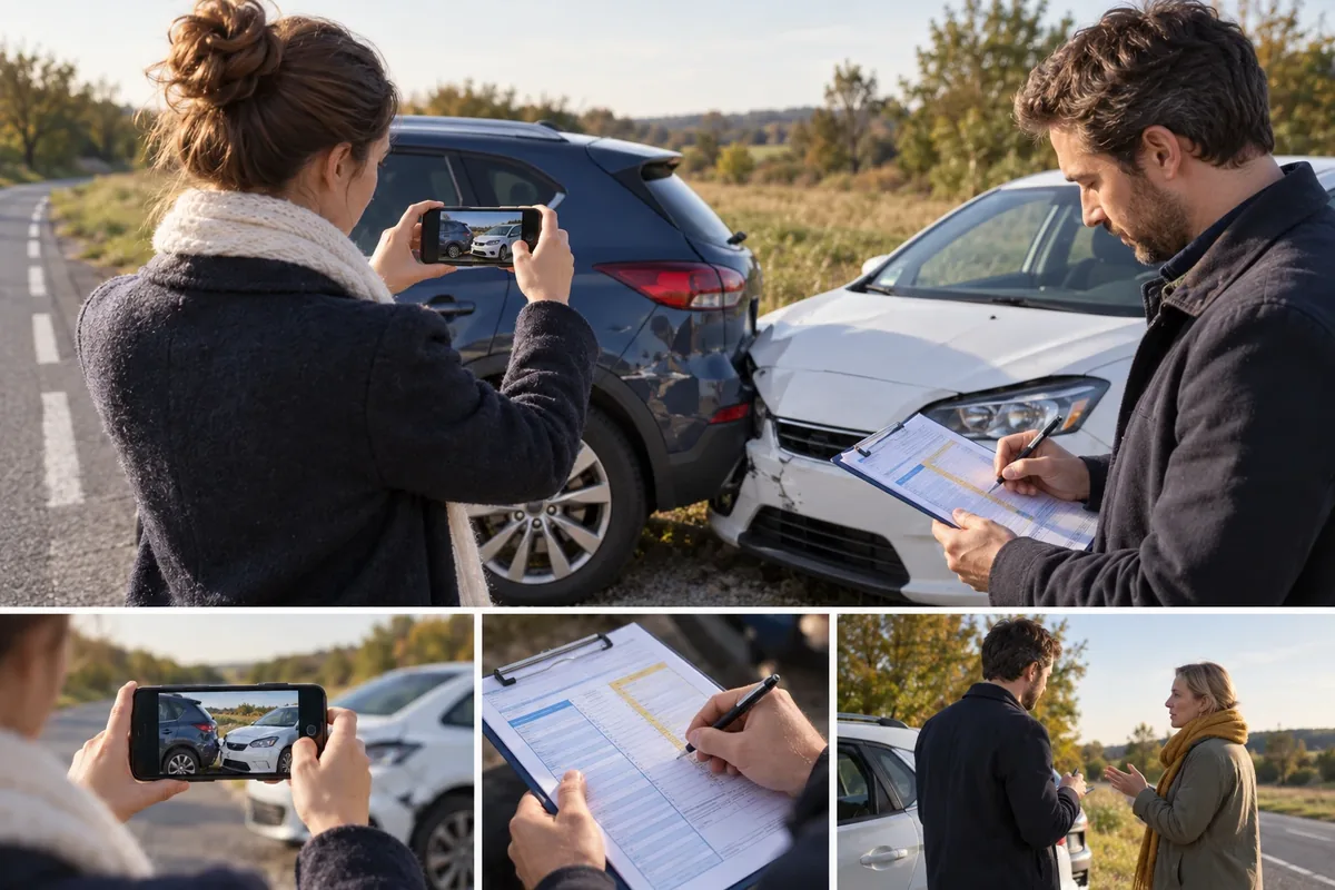 Remplissage d'un constat amiable et photographies de la scène après un accident