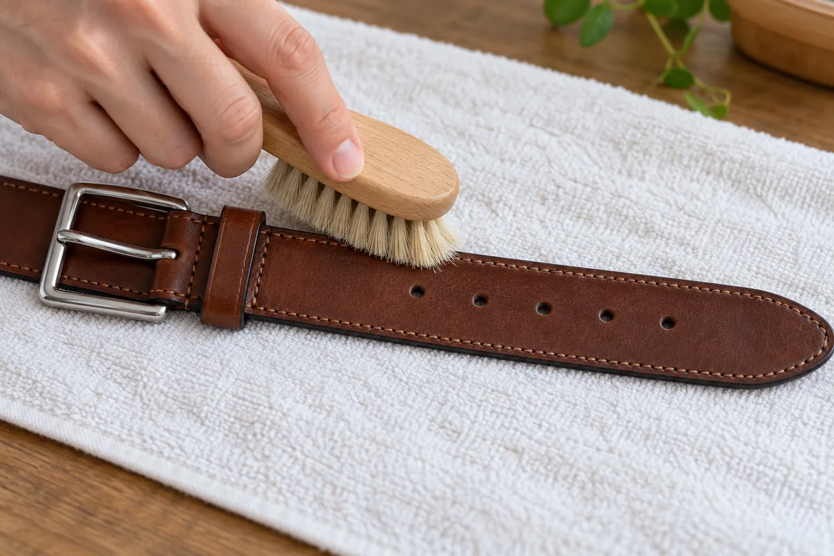 Une main dépoussière à sec une ceinture en cuir posée sur une serviette avec une brosse à poils souples, sans appuyer.