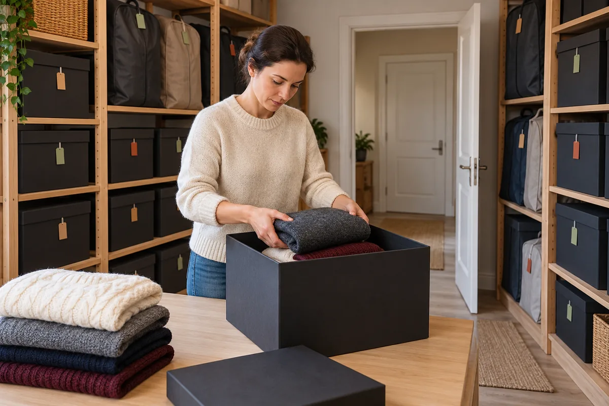 Personne rangeant des vêtements saisonniers dans des boîtes opaques