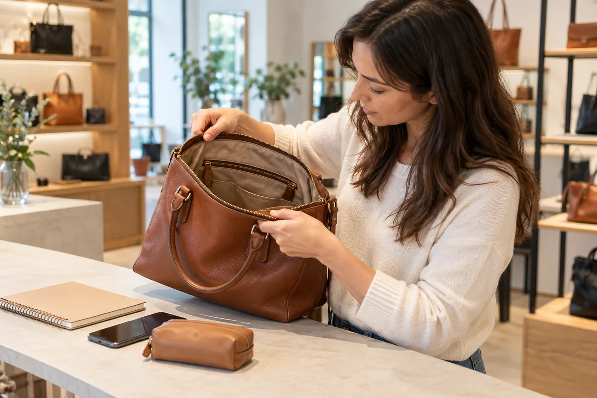 Acheteuse inspectant la construction d’un sac en cuir