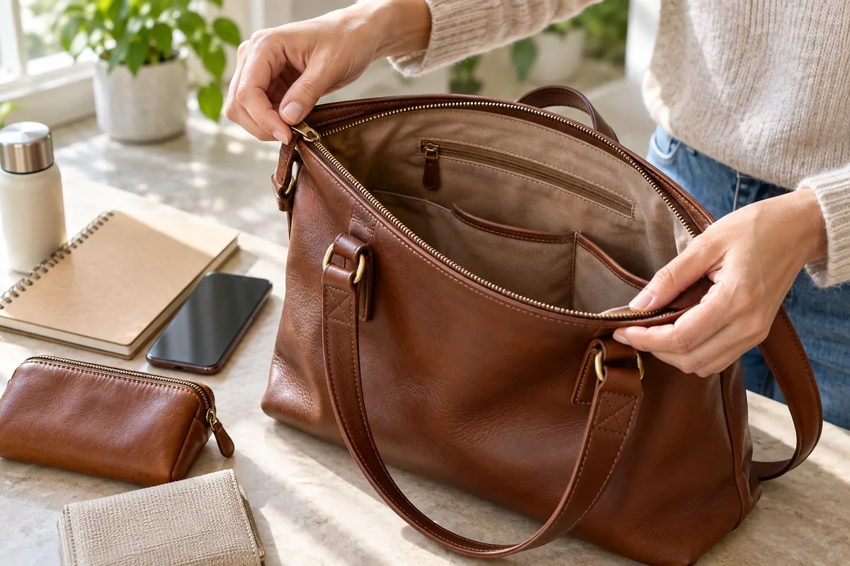 Fermeture et intérieur d’un sac inspectés avant achat