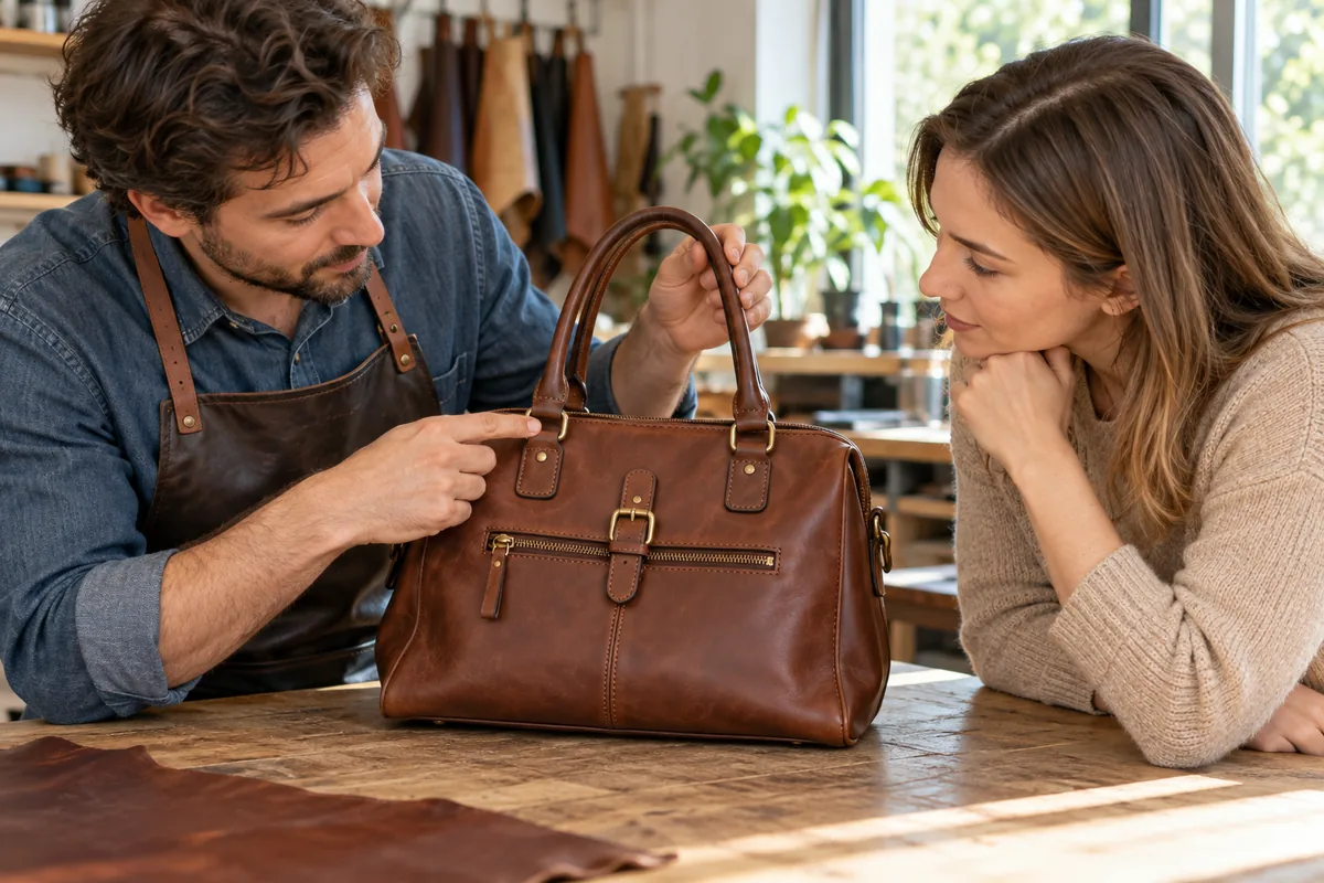 Réparateur expliquant les pièces remplaçables d’un sac en cuir