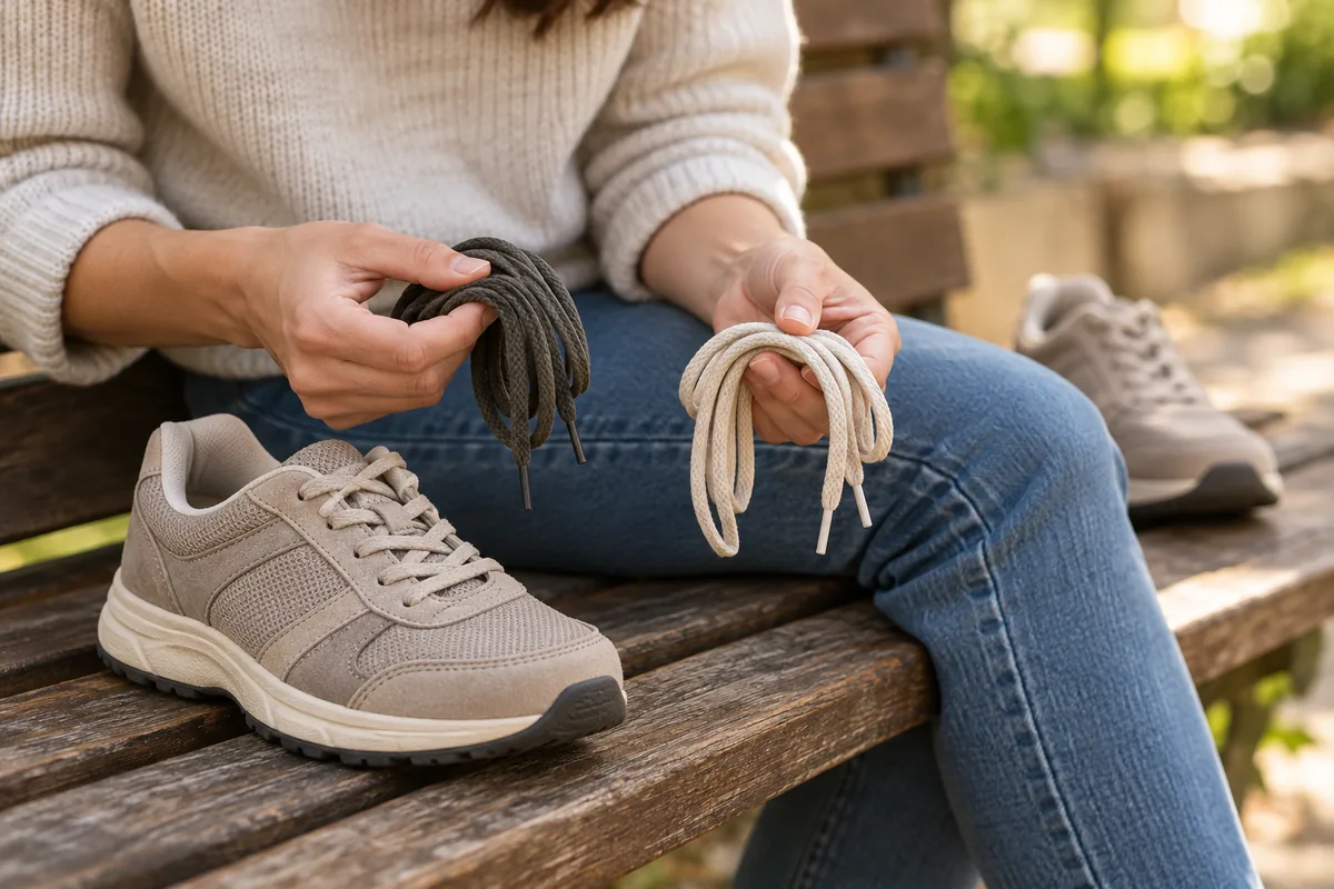 Personne comparant deux paires de lacets près d'une chaussure