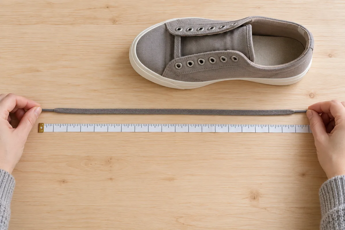 Lacet gris posé à plat le long d’un mètre ruban, maintenu par ses extrémités près d’une chaussure délacée