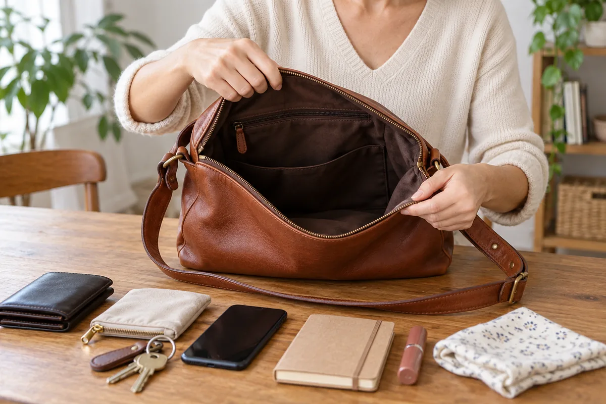 Personne ouvrant et vidant un sac en cuir sur une table