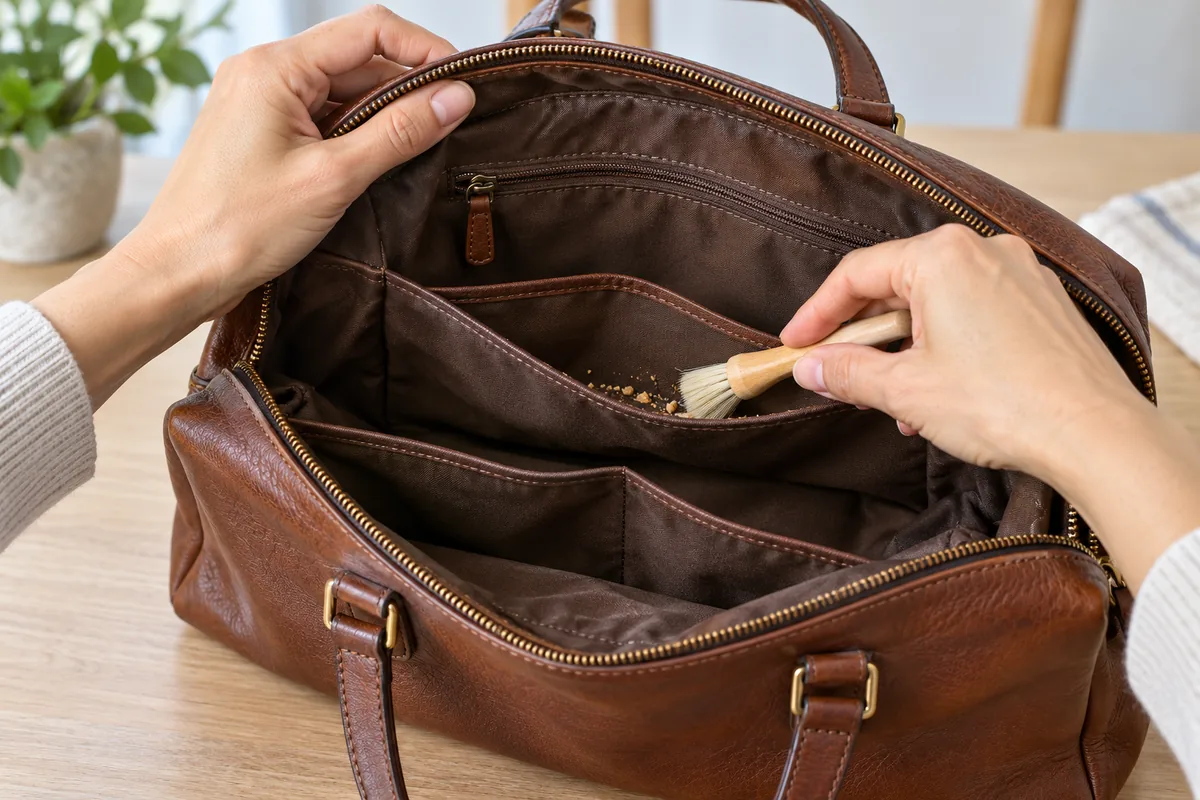 Brosse souple retirant des miettes dans la doublure d'un sac