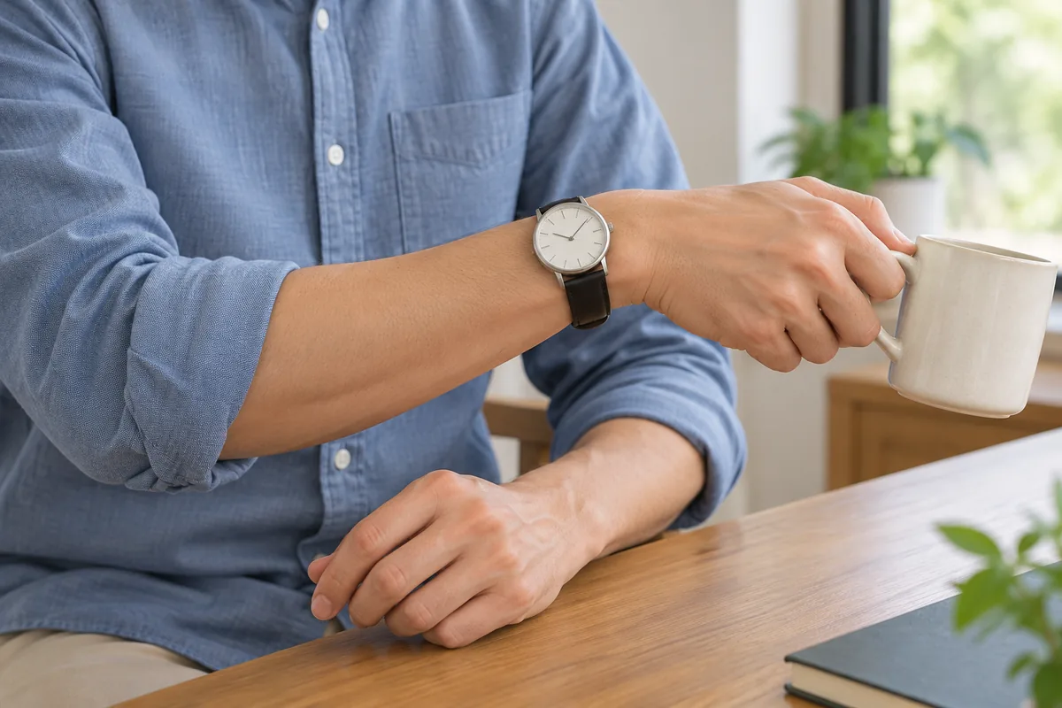Poignet portant une montre pendant la prise d'une tasse