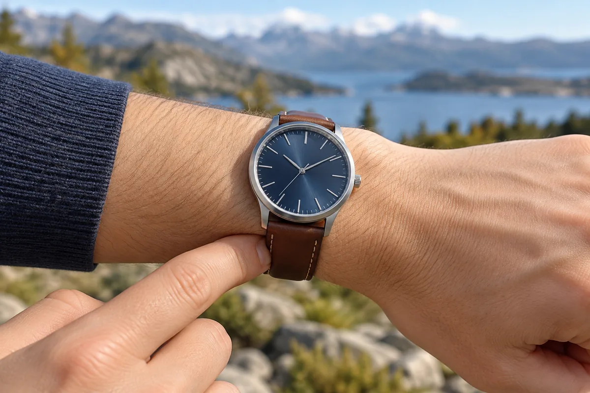 Une montre à cadran bleu et bracelet en cuir brun est portée sur le poignet, un doigt appuyé contre le bracelet.