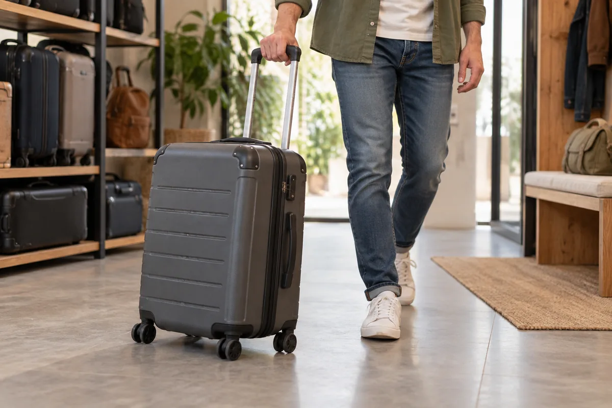 Personne faisant rouler une valise pour tester sa poignée et ses roues