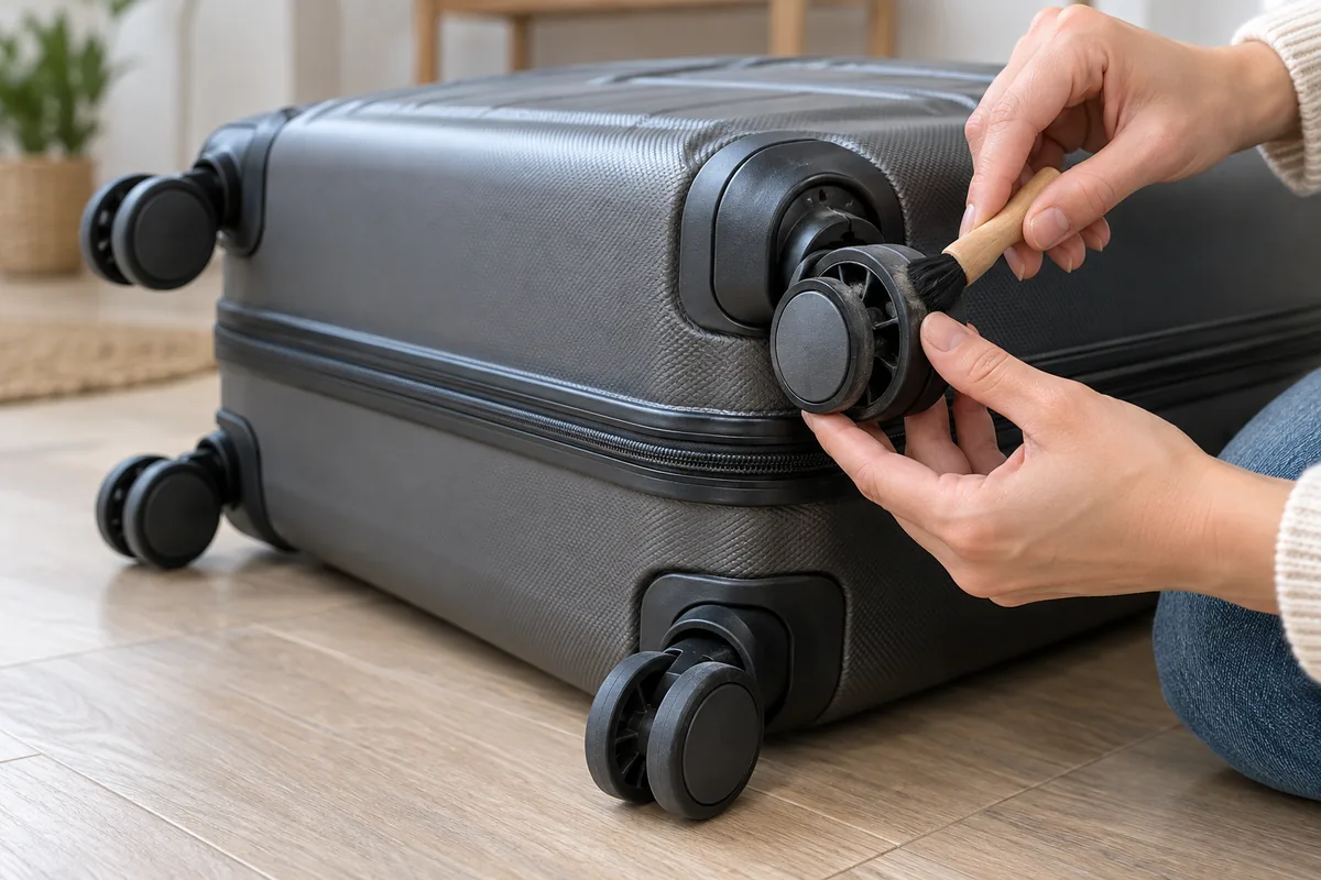 Main inspectant et brossant doucement une roulette de valise