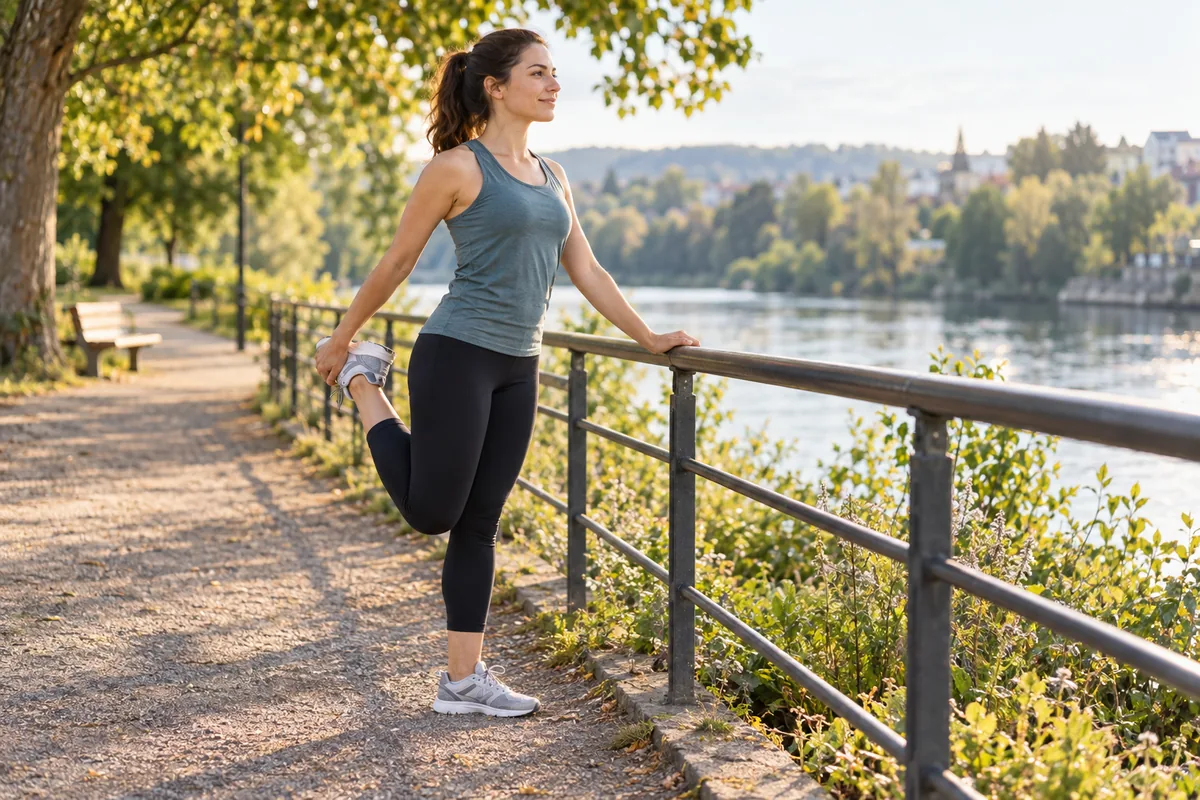 Débutante étirant doucement le quadriceps avec une main sur une rambarde
