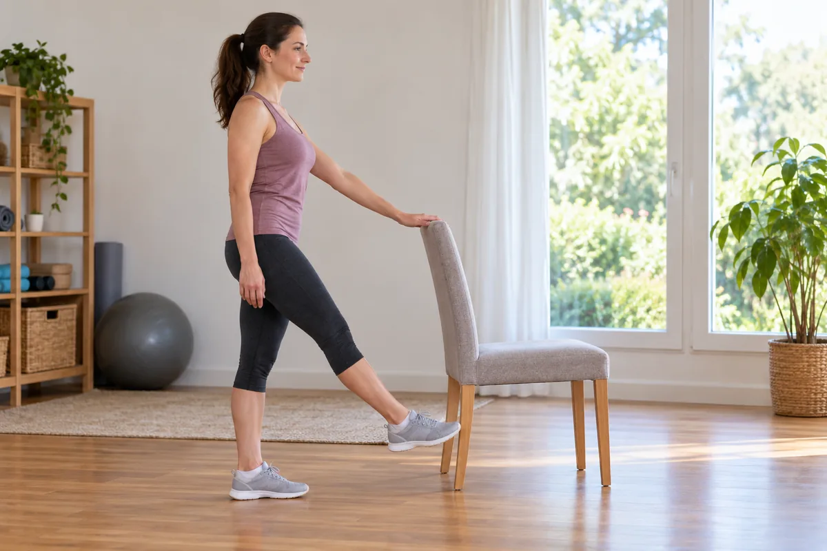 Débutante effectuant un petit balancement de jambe avec une chaise comme appui