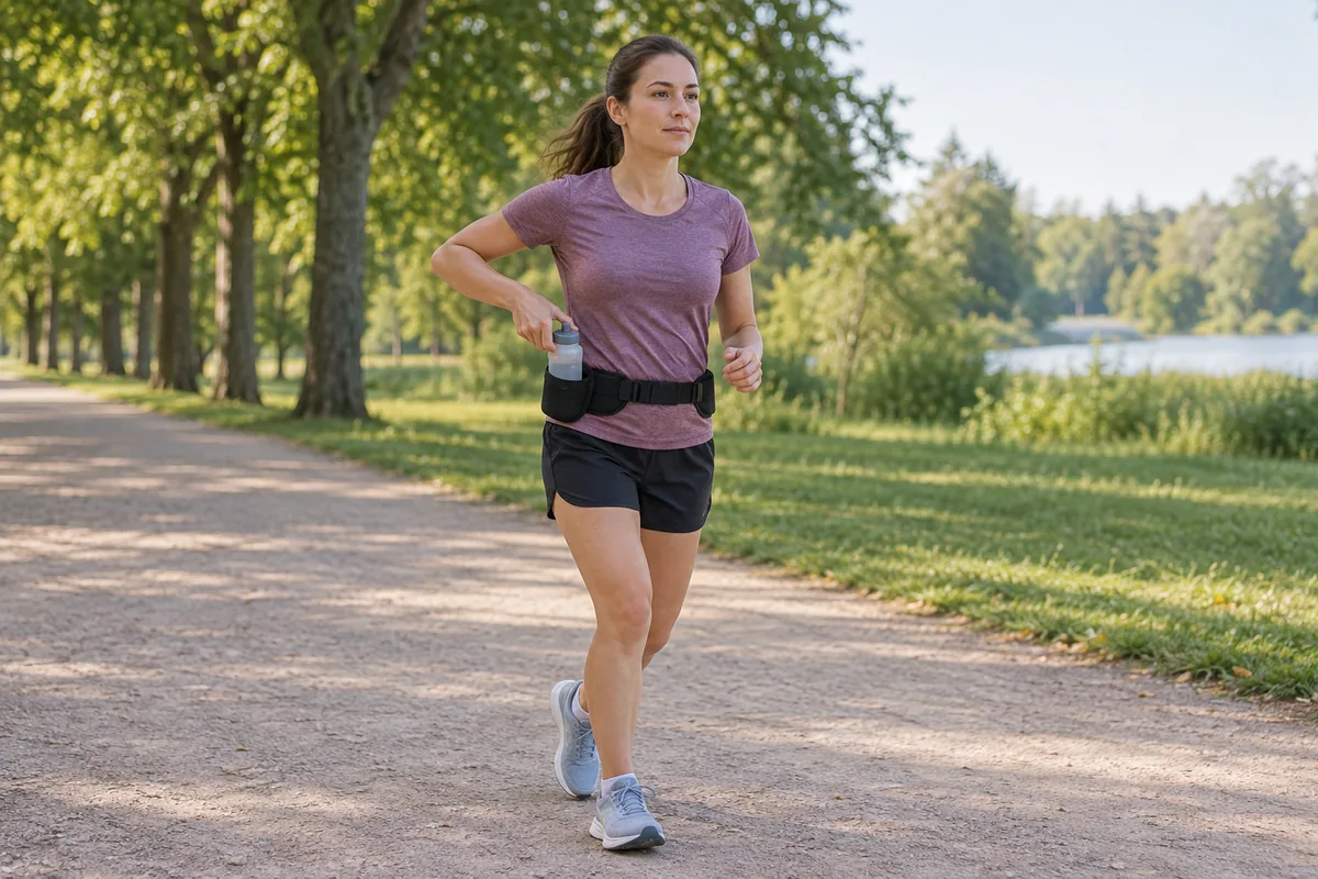 Coureuse saisissant une flasque à allure lente sans tourner le buste