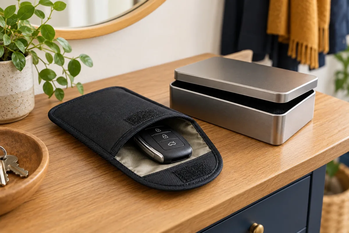 Clé de voiture mains libres rangée dans une pochette anti-ondes