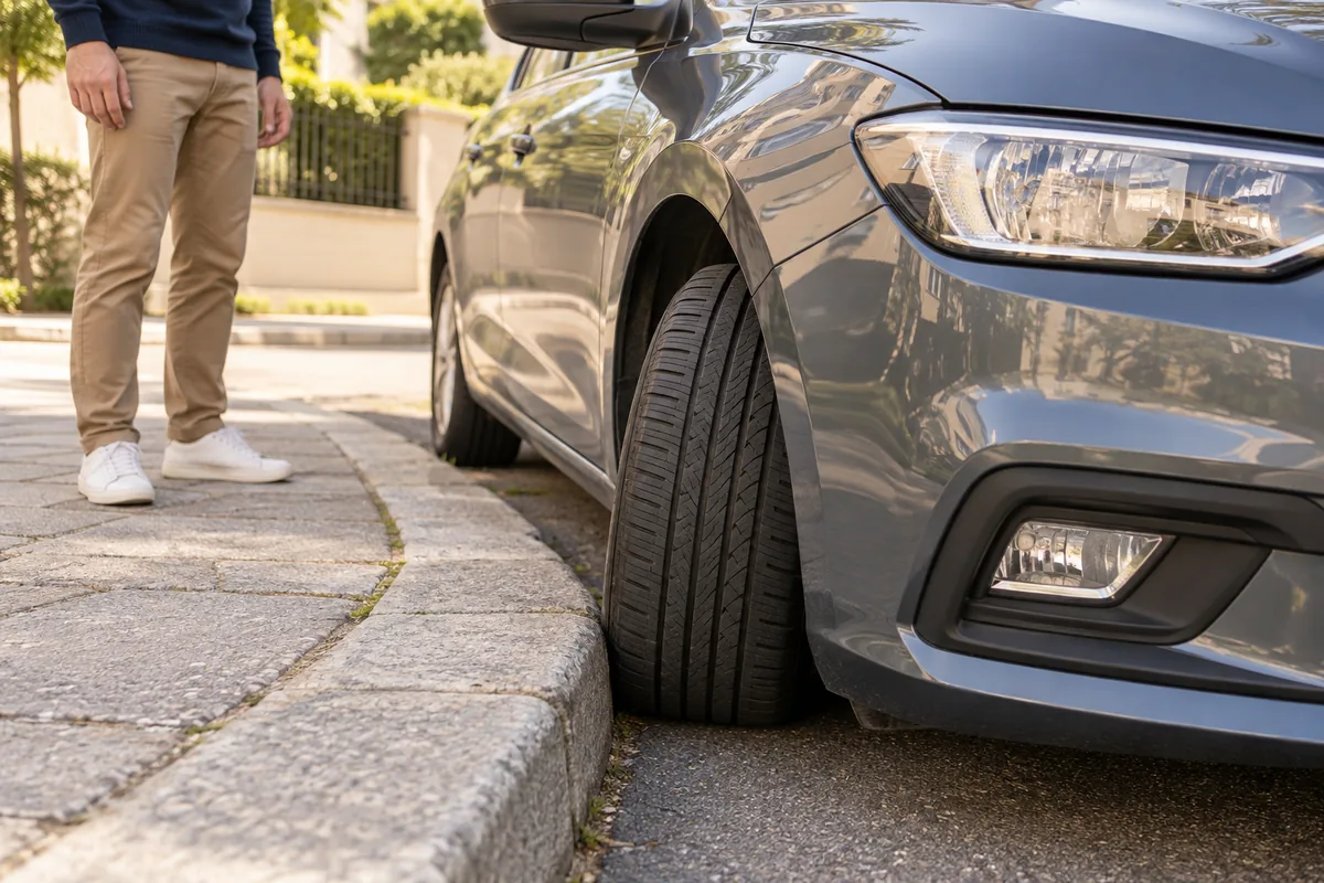 La roue avant d’une voiture garée est braquée vers le trottoir, presque contre la bordure, pour compliquer un démarrage rapide.