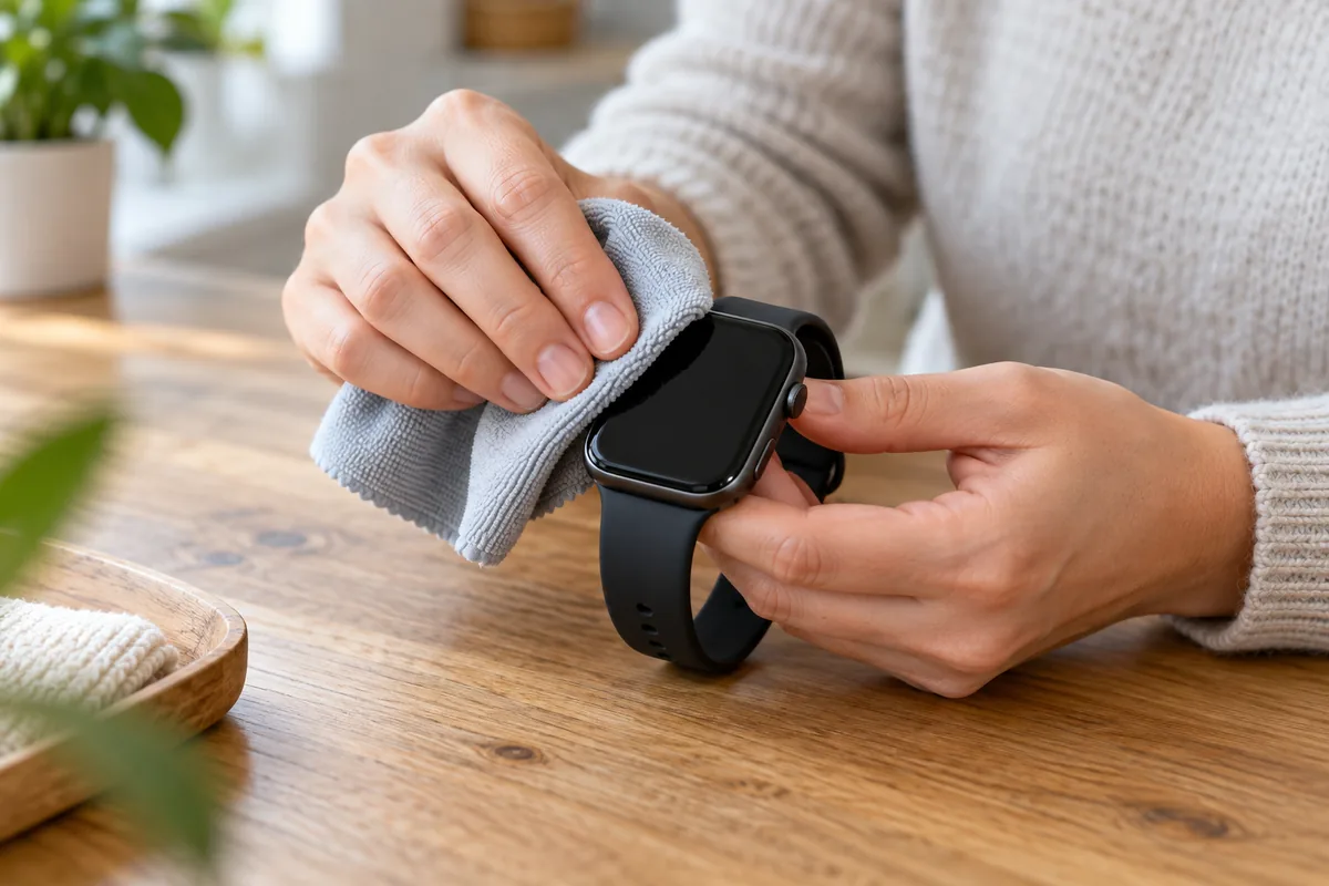 Personne essuyant doucement l'écran d'une montre connectée retirée