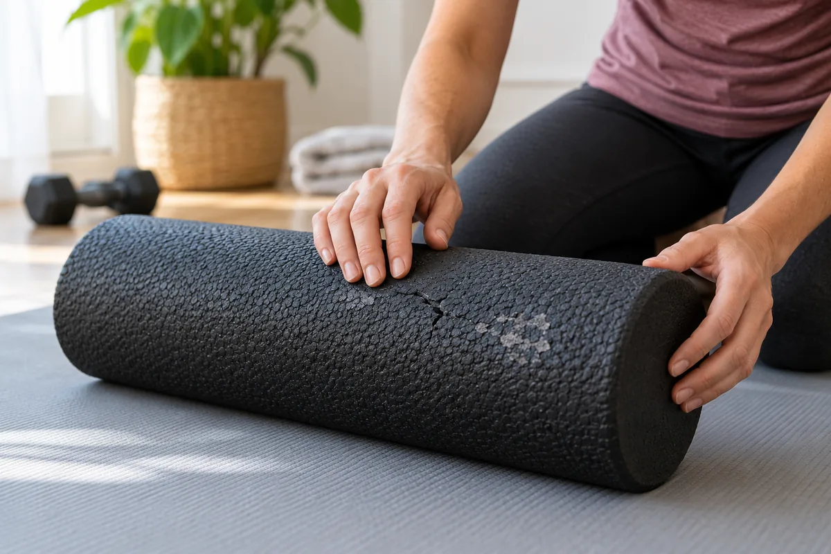 Une personne inspecte la fissure d'un rouleau de massage posé sur un tapis.