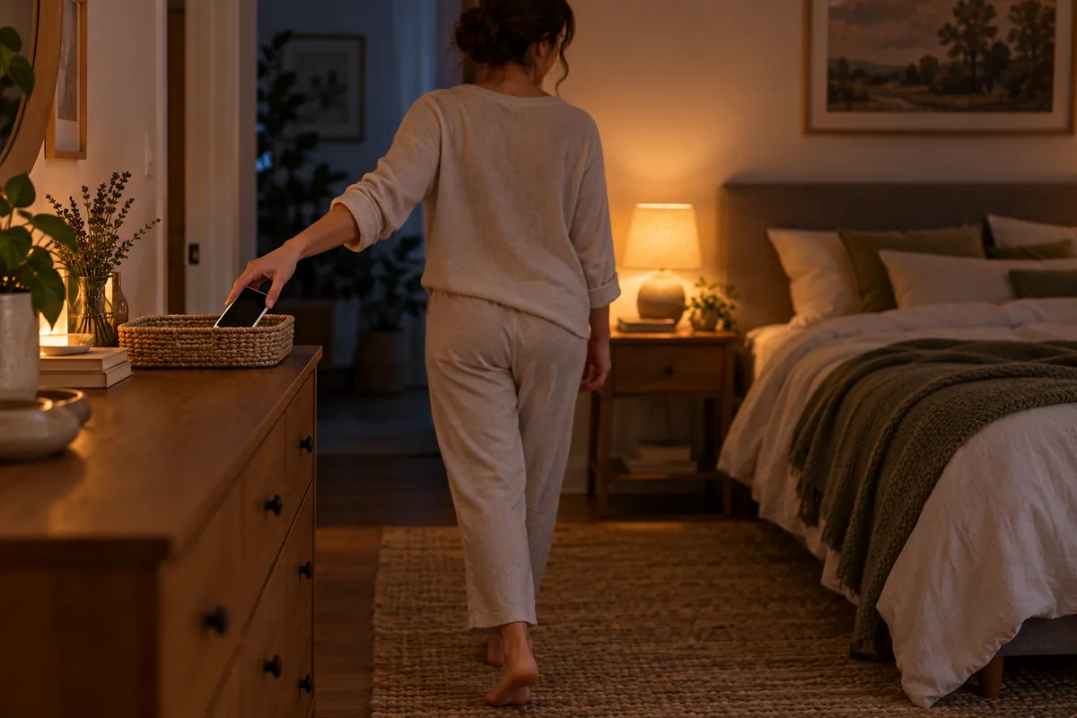 Le soir, dans une chambre à la lumière tamisée, une femme dépose son téléphone dans une corbeille sur une commode, loin du lit.