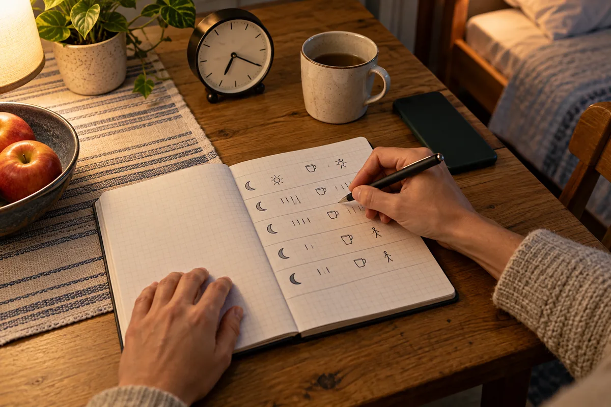 Une personne consigne ses habitudes du soir dans un carnet sans texte lisible.
