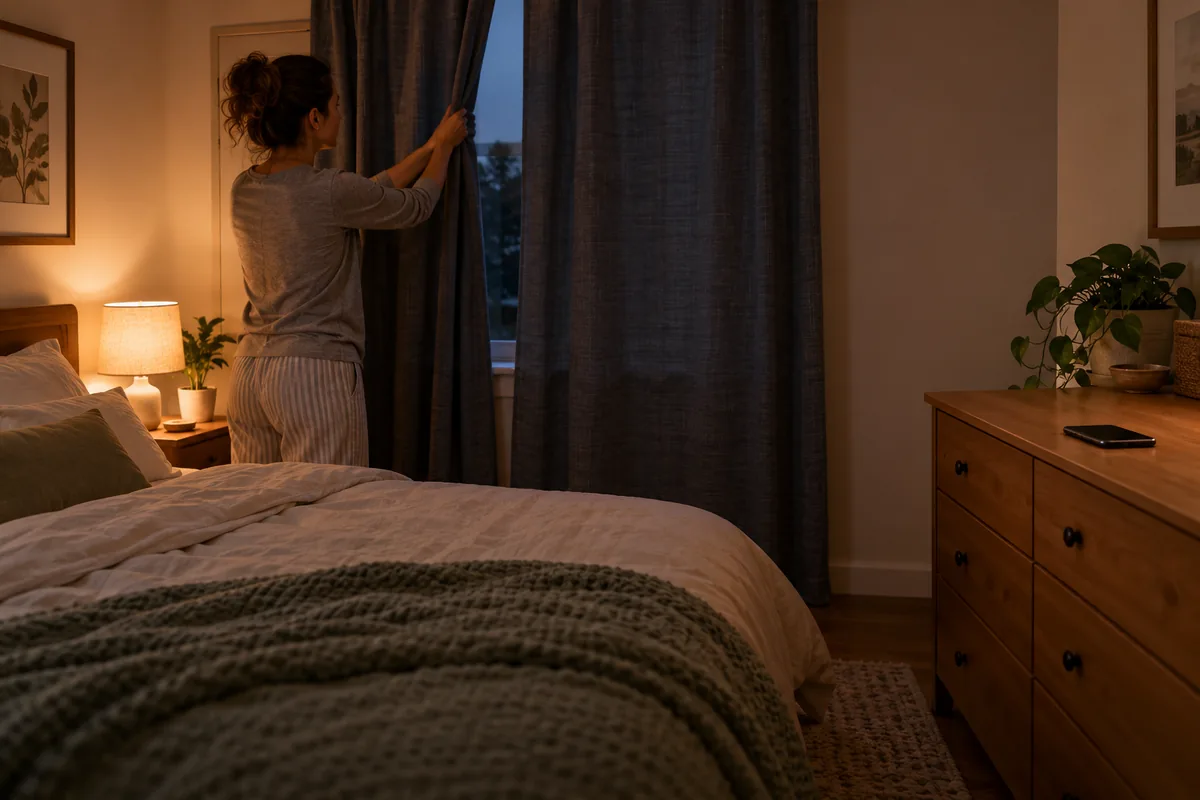 Une personne ferme les rideaux tandis que le téléphone reste loin du lit.