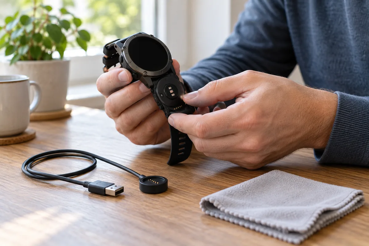 Une personne inspecte les contacts d'une montre GPS à écran noir.