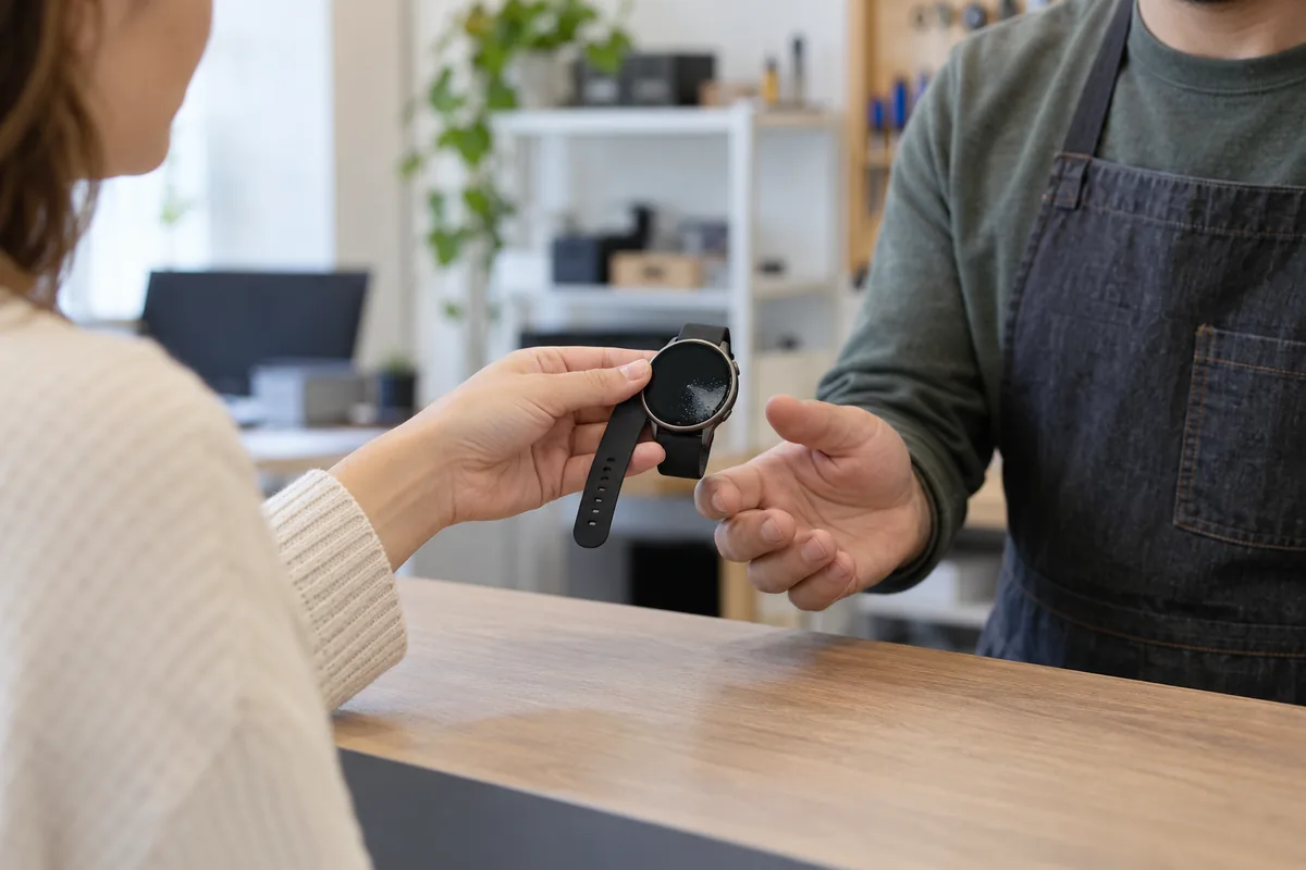 Une personne confie une montre GPS présentant de la buée à un réparateur.