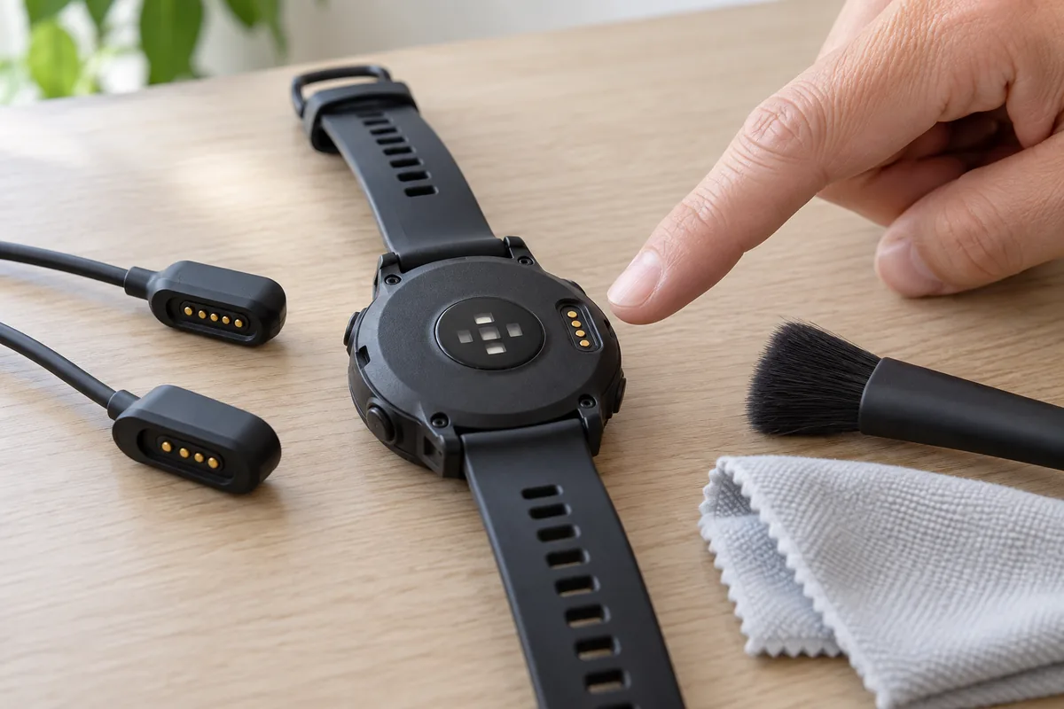 Les contacts secs d'une montre GPS sont examinés avec les câbles débranchés.
