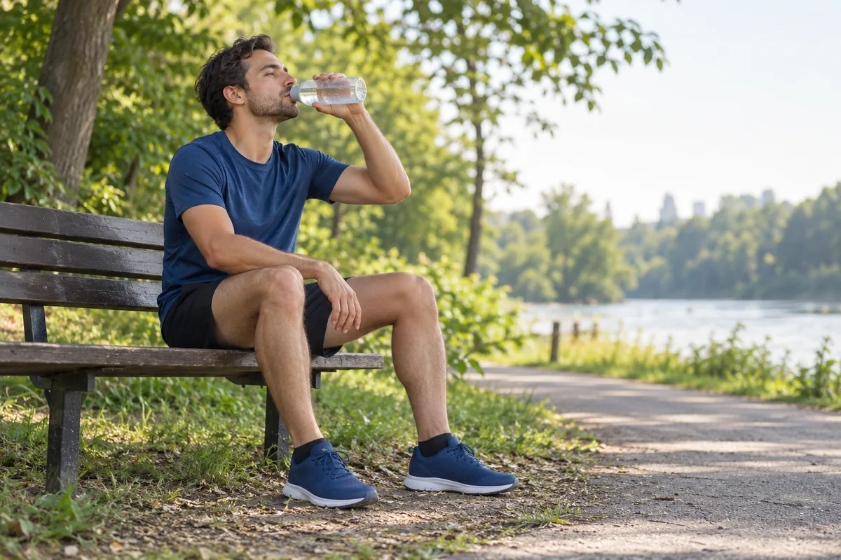 Un coureur se repose sur un banc et boit de l'eau après sa sortie.