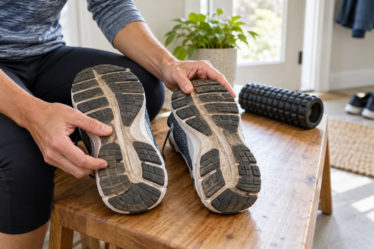 Une personne compare l'usure des semelles de ses chaussures de course.