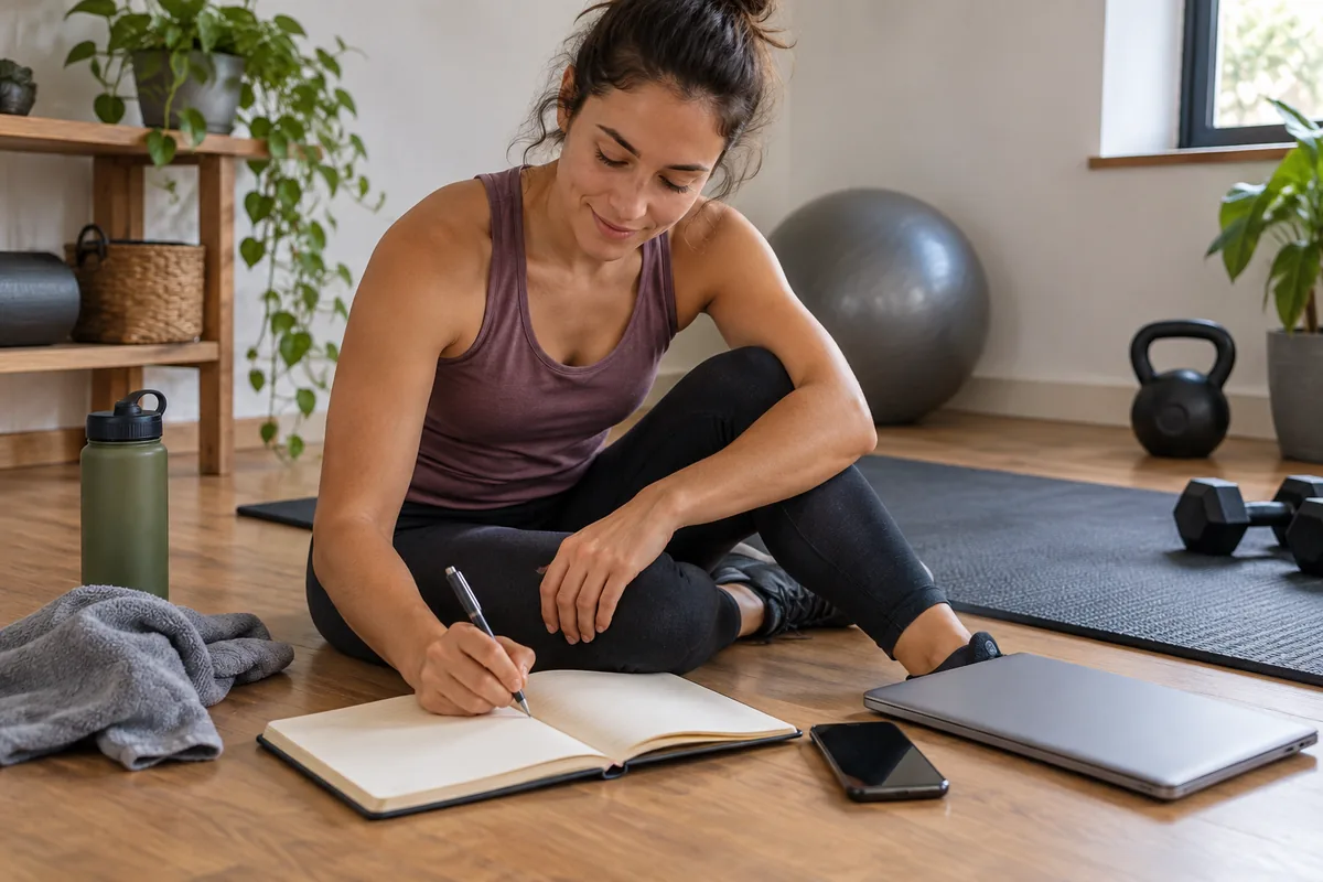 Une sportive note sa séance dans un carnet près de son espace d'entraînement.