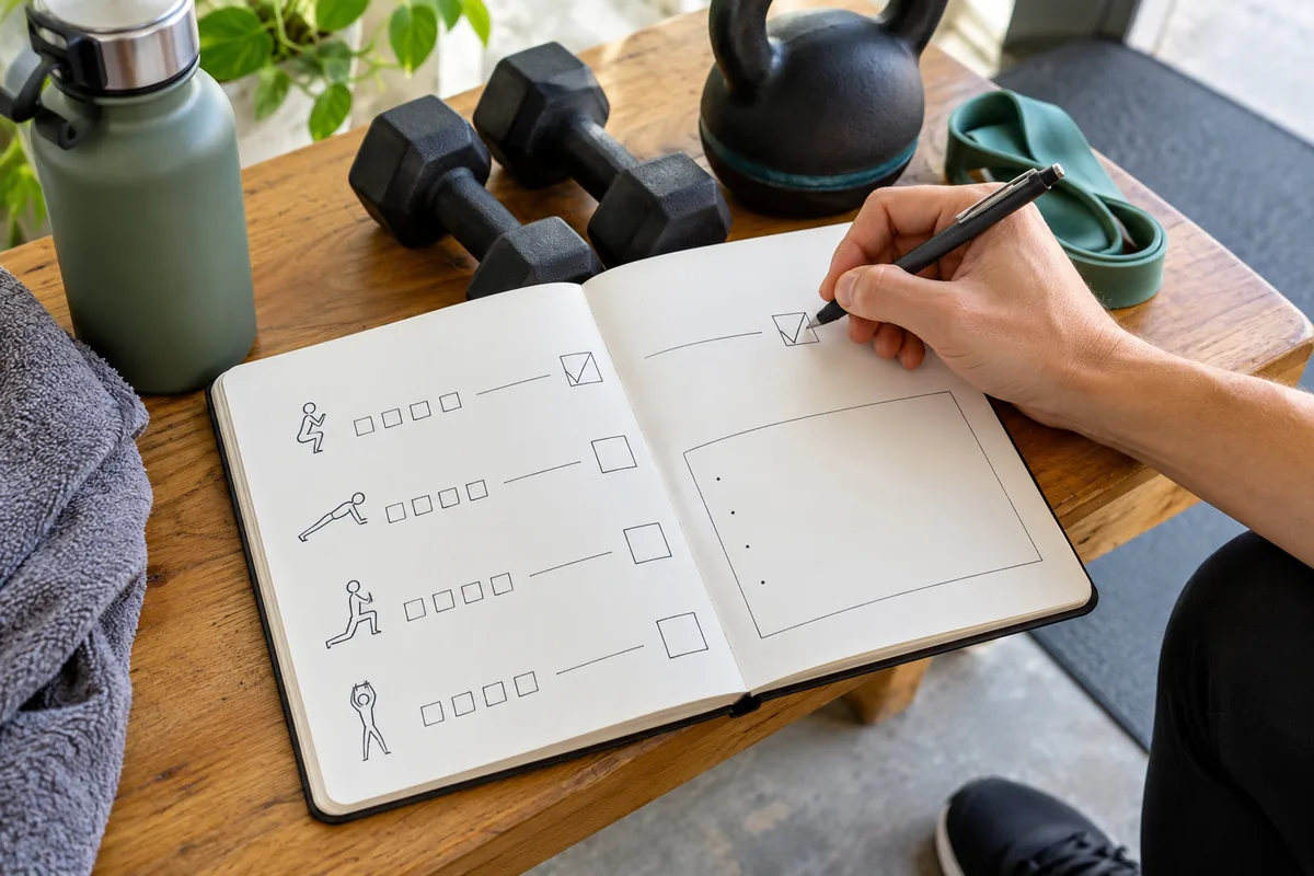 Une main complète une page très simple dans un carnet d'entraînement.
