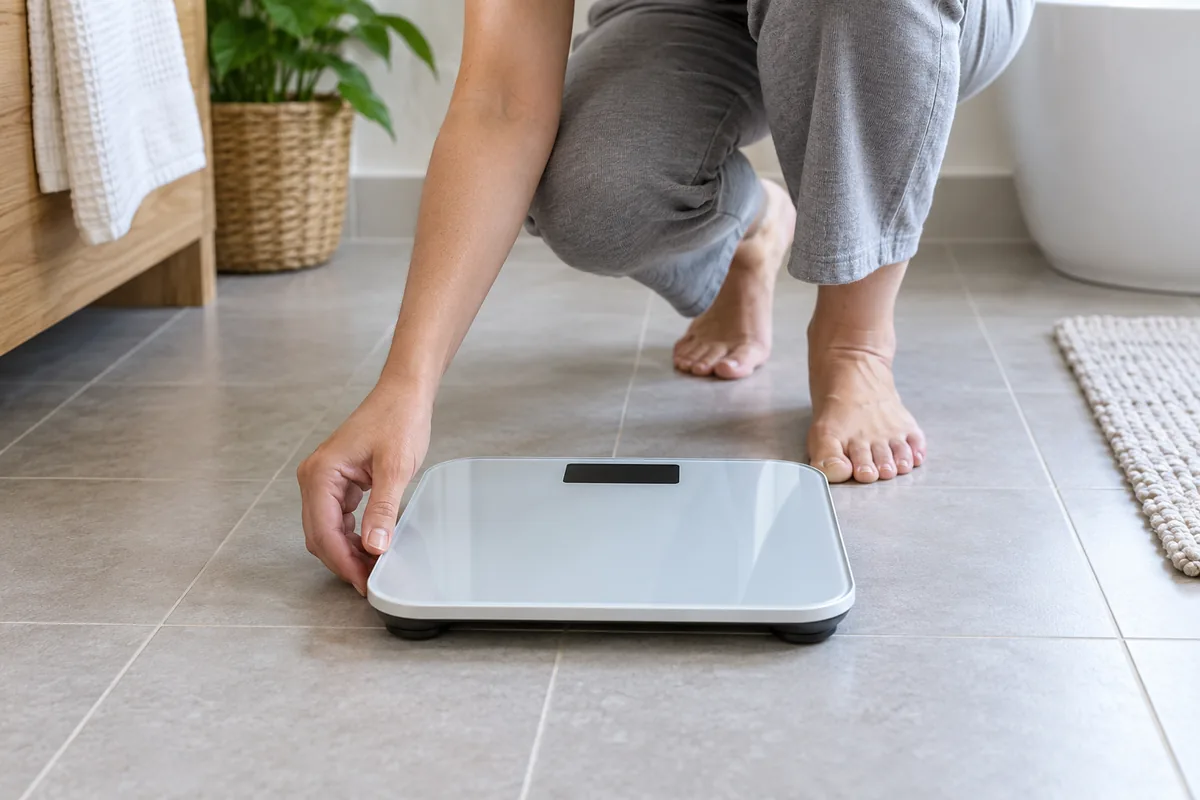 Une personne vérifie qu'une balance simple repose bien à plat sur le carrelage.
