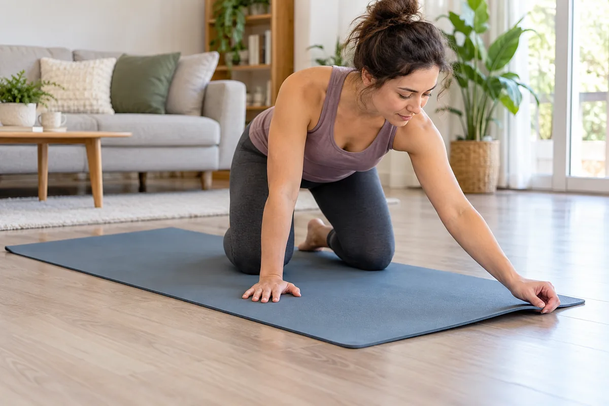 Une personne vérifie qu'un tapis reste bien à plat sous ses appuis.