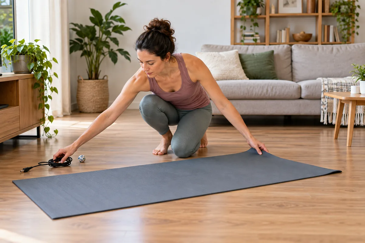 Une personne retire un câble et aplanit le bord du tapis.