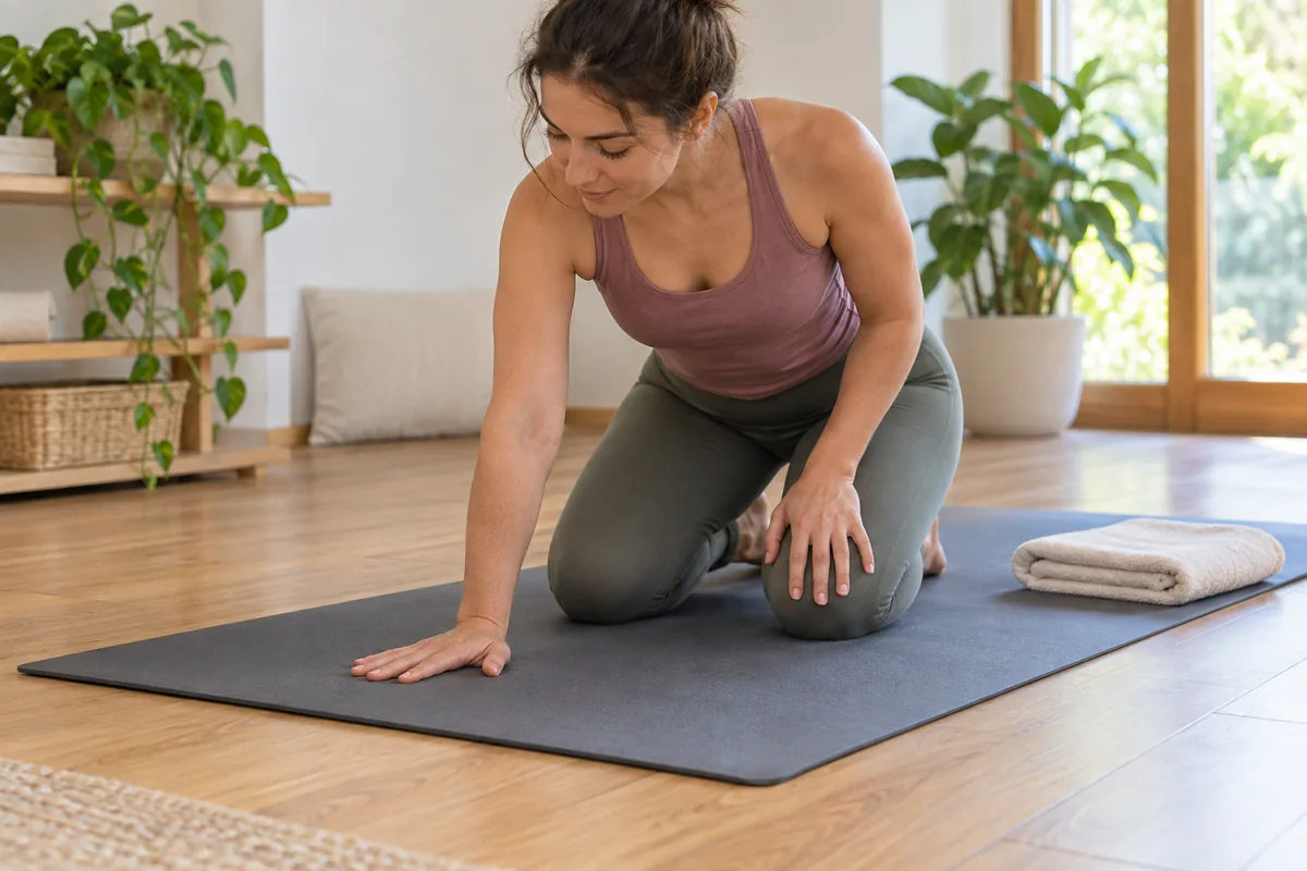 Une personne teste doucement l'appui de la main et des genoux sur un tapis.
