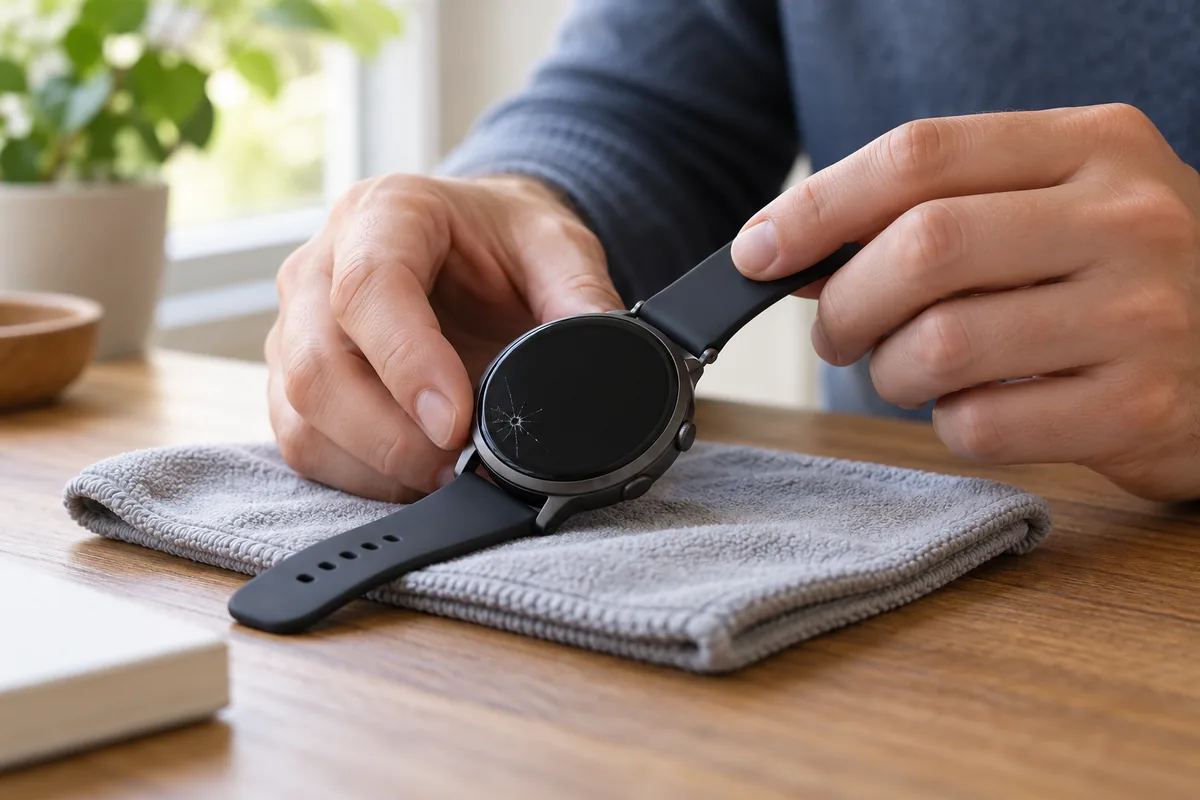 Une montre fissurée est examinée sur un linge doux sans être ouverte.